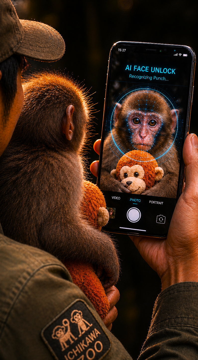 AI face unlock screen showing Punch the baby macaque at Ichikawa Zoo